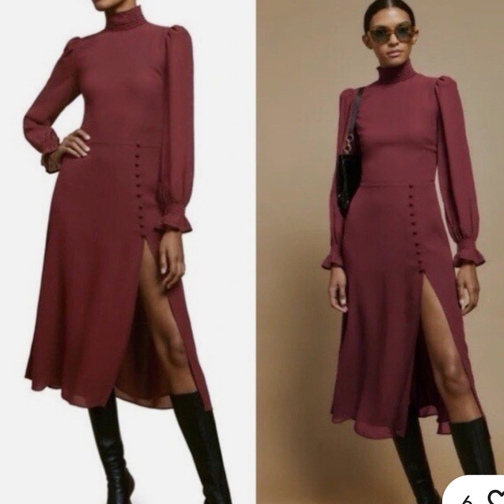 NEW Reformation Stevi Burgundy High Neck Puff Sleeves Mock Neck Midi Dress, 6